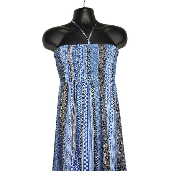 Smock Top Maxi Geometric Print Blue White Black Halter Dress Size XL - Picture 2 of 9